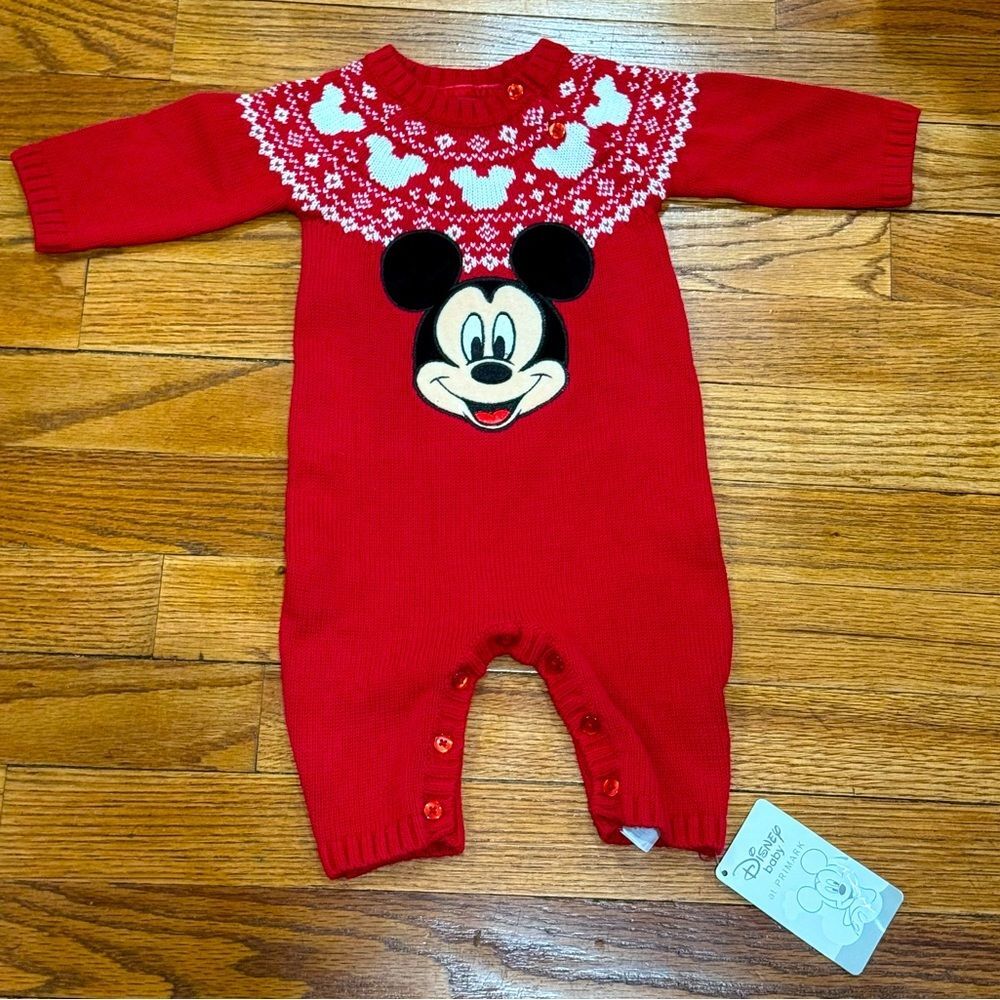Disney Baby Red Mickey Mouse Knit Onesie Boys 0-3 months Holiday Christmas